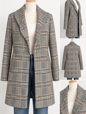Solitaire Women’s Large Plaid Longline Coat Blazer Gray Tan Fall Workwear Jacket